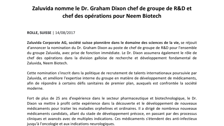 Zaluvida nomme le Dr. Graham Dixon chef de groupe de R&D et chef des opérations pour Neem Biotech