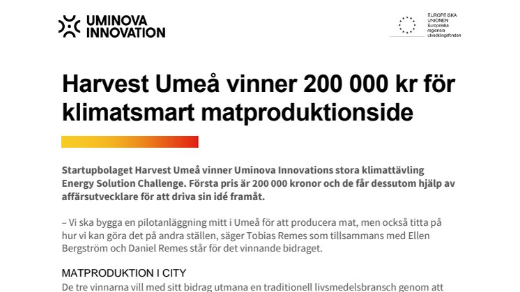 Harvest Umeå vinner 200 000 kr för klimatsmart matproduktionsidé