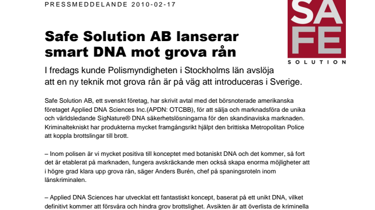 Safe Solution AB lanserar smart DNA mot grova rån och inbrott 