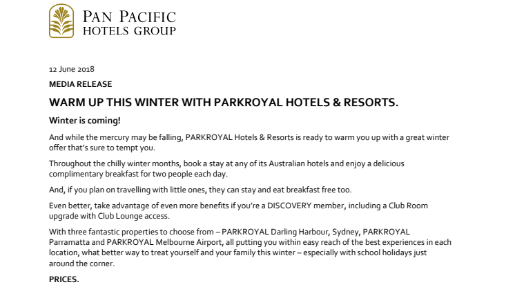 Warm up this Winter with PARKROYAL Hotels & Resorts 