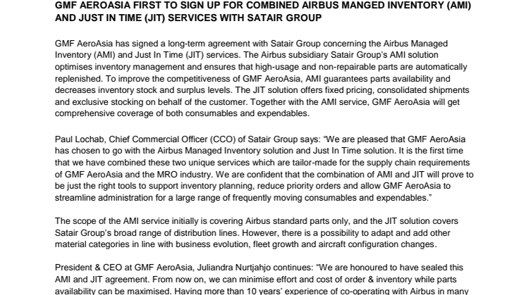 GMF AeroAsia first to sign up for combined Airbus Managed Inventory (AMI) and Just In Time (JIT) services with Satair Group