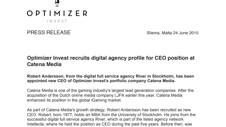 Optimizer Invest recruits digital agency profile for CEO position at Catena Media