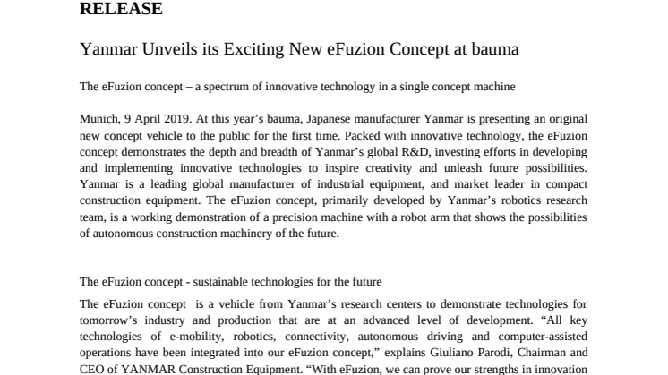 Yanmar Unveils its Exciting New eFuzion Concept at bauma