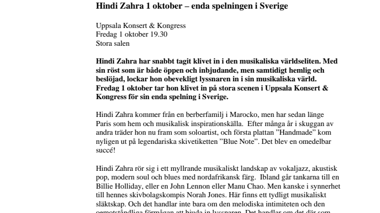 Hindi Zahra – enda spelningen i Sverige 1 oktober på Uppsala Konsert & Kongress 