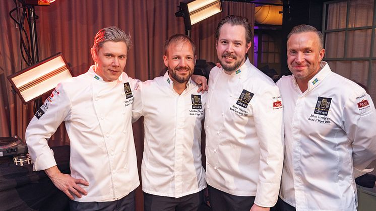 Samtliga fyra svenska medlemmar av Bocuse d’Or Winners.  Tommy Myllymäki, Sebastian Gibrand, Jimmi Eriksson, Jonas Lundgren