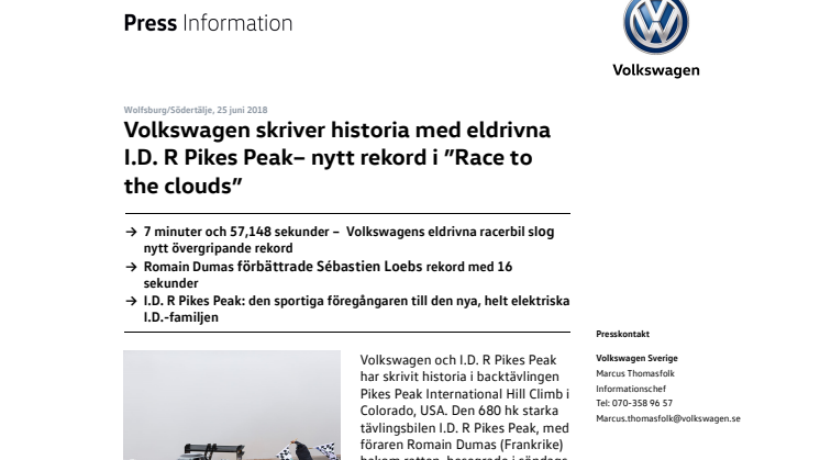 Volkswagen skriver historia med eldrivna I.D. R Pikes Peak – nytt rekord i ”Race to the clouds”