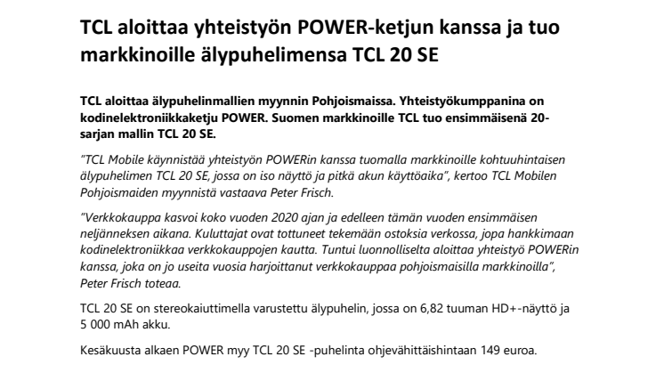 TCL aloittaa yhteistyön POWER-ketjun kanssa ja tuo markkinoille älypuhelimensa TCL 20 SE   