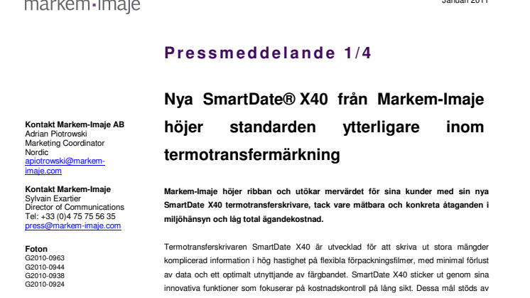 Nya SmartDate® X40 för termotransfermärkning från marknadsledande Markem-Imaje 