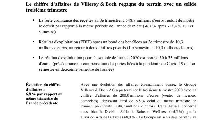 Rapport intermédiaire au troisième trimestre 2020 :  Le chiffre d’affaires de Villeroy & Boch regagne du terrain avec un solide troisième trimestre