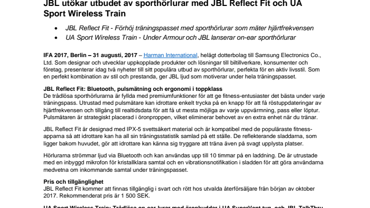 JBL utökar utbudet av sporthörlurar med JBL Reflect Fit och UA Sport Wireless Train 