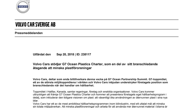 Volvo Cars stödjer G7 Ocean Plastic Charter, som ett del av  sitt branschledande åtagande att minska plastföroreningar