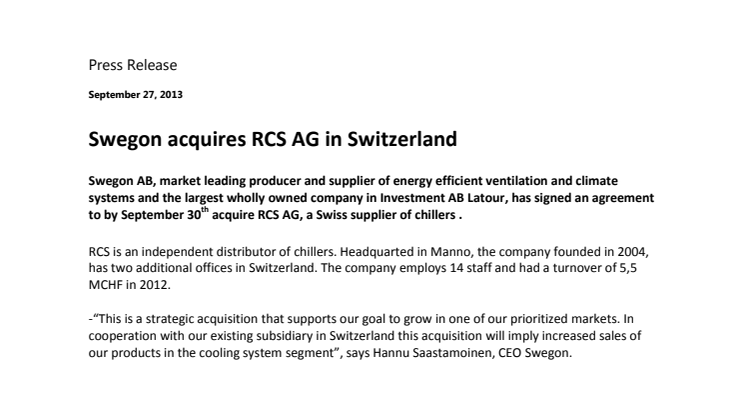 Swegon acquires RCS AG in Switzerland