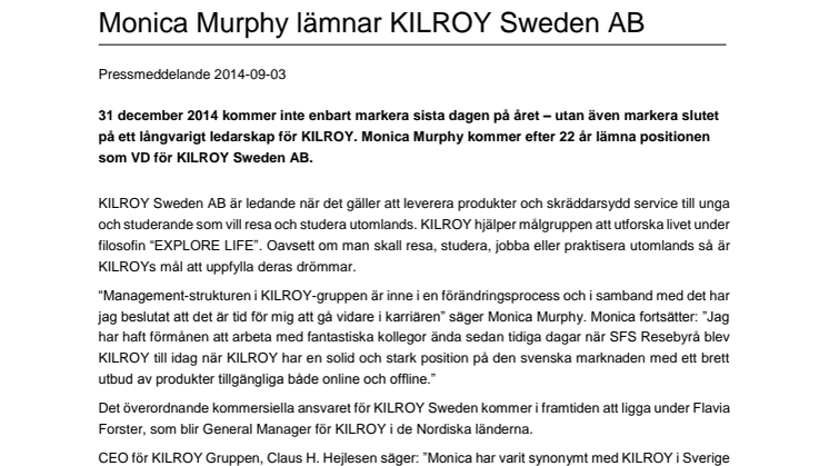 Monica Murphy lämnar KILROY Sweden AB