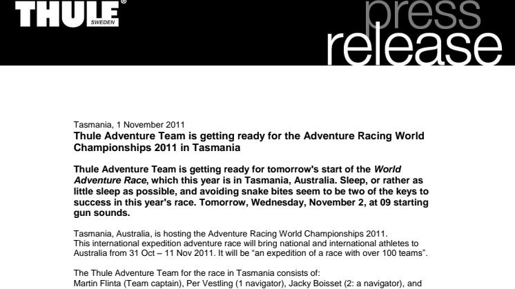 Thule Adventure Team is getting ready for the Adventure Racing World Championships 2011 in Tasmania
