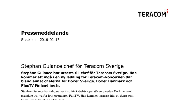Stephan Guiance chef för Teracom Sverige 