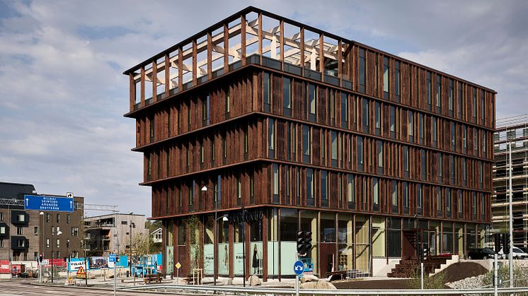Signaturbyggnaden Nodi i Nya Hovås är byggd helt i trä. Bild: Jonas Berg