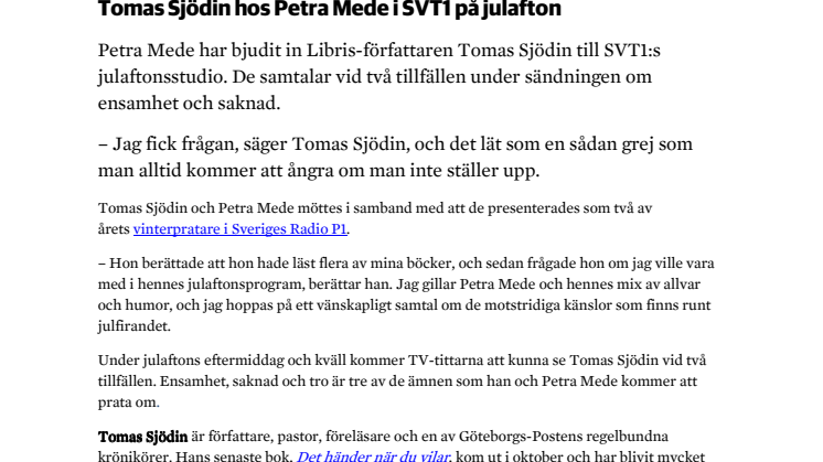 Tomas Sjödin hos Petra Mede i SVT1 på julafton