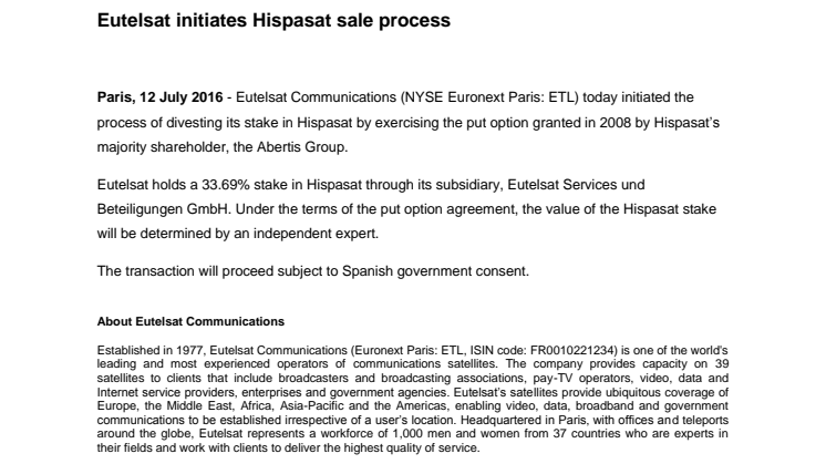 Eutelsat initiates Hispasat sale process