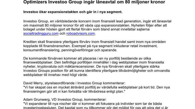 Optimizers Investoo Group ingår låneavtal om 80 miljoner kronor