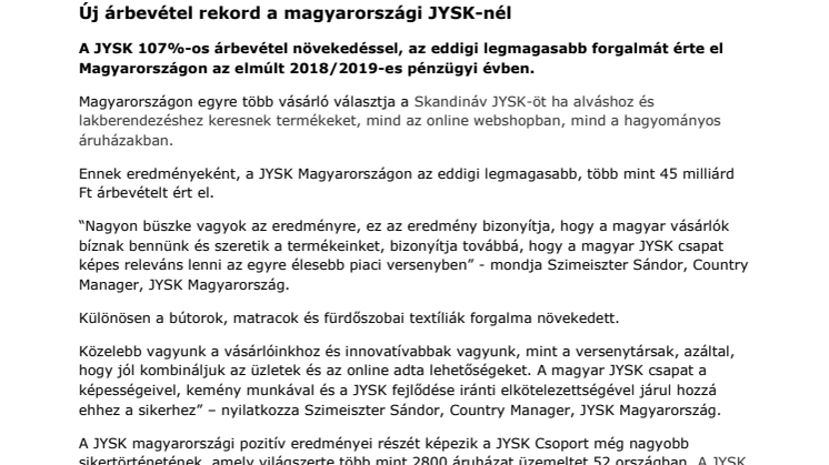 Új árbevétel rekord a magyarországi JYSK-nél