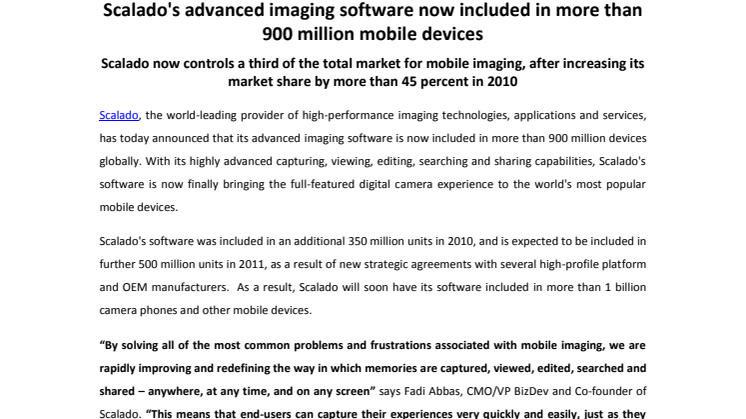 Scalado's advanced imaging software now included in more than 900 million mobile devices
