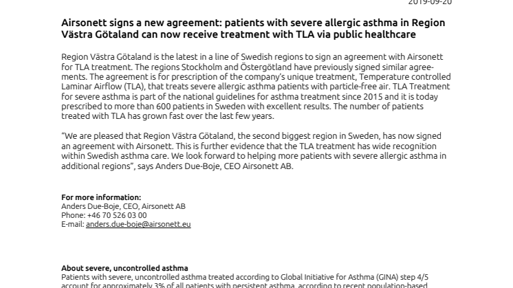  Airsonett signs a new agreement: patients with severe allergic asthma in Region Västra Götaland can now receive treatment with TLA via public healthcare 