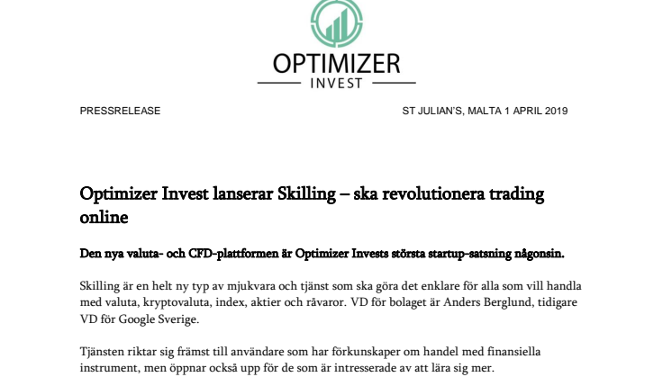 Optimizer Invest lanserar Skilling – ska revolutionera trading online