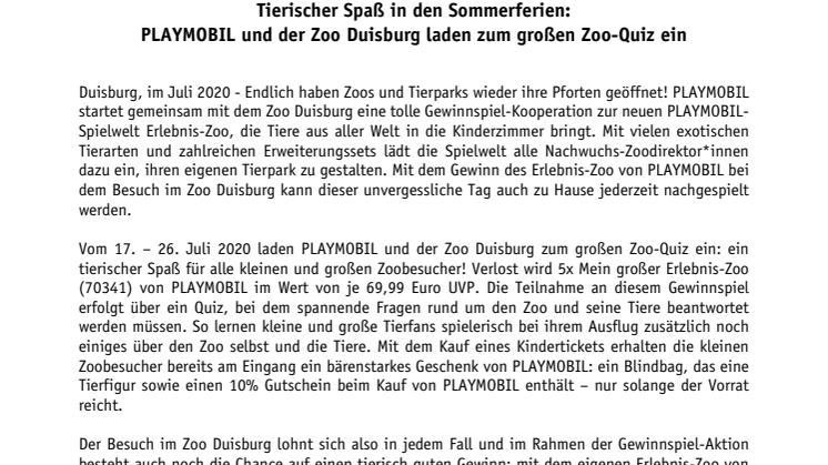 Tierischer Spaß in den Sommerferien: PLAYMOBIL und der Zoo Duisburg laden zum großen Zoo-Quiz ein