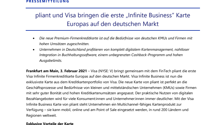 pliant und Visa bringen die erste „Infinite Business“ Karte Europas auf den deutschen Markt
