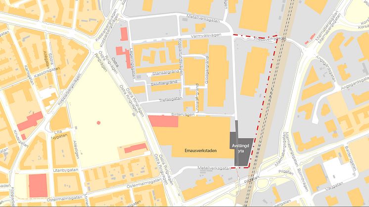 Karta avstängning och omledning Kopparlunden med Emausverkstaden