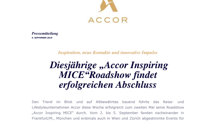 Inspiration, neue Kontakte und innovative Impulse: Diesjährige „Accor Inspiring MICE“Roadshow findet erfolgreichen Abschluss