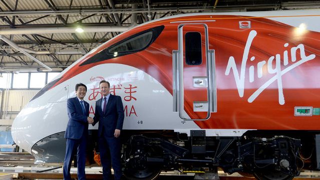 Japanese Prime Minister Shinzo Abe and UK Prime Minister David Cameron visit Hitachi Train Maintenance Centre