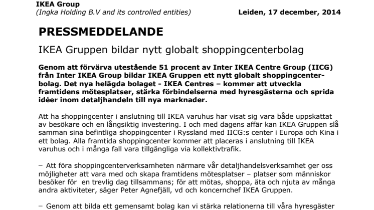 IKEA Gruppen bildar nytt globalt shoppingcenterbolag