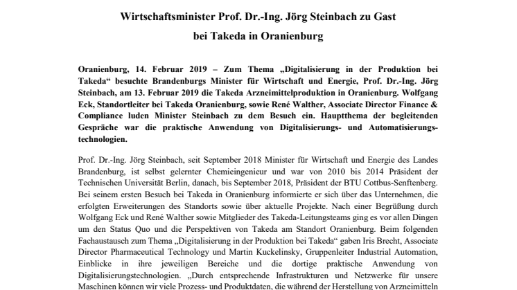 Wirtschaftsminister Prof. Dr.-Ing. Jörg Steinbach zu Gast bei Takeda in Oranienburg