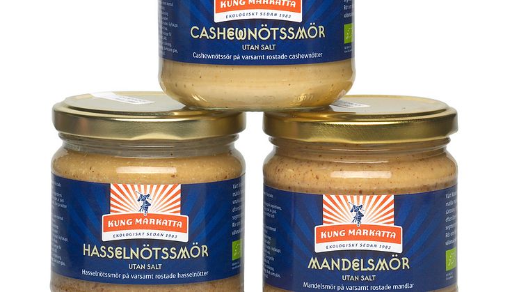 Ekologiskt mandelsmör, hasselnötssmör och cashewnötssmör från Kung Markatta