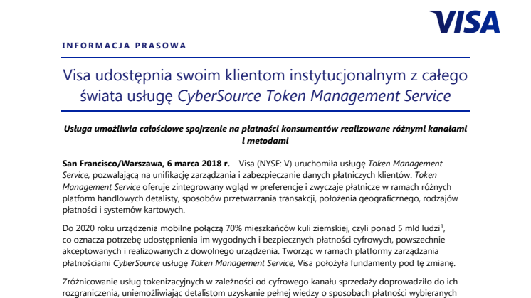 Visa udostępnia swoim klientom instytucjonalnym z całego świata usługę CyberSource Token Management Service