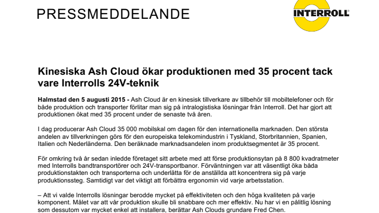​Kinesiska Ash Cloud ökar produktionen med 35 procent tack vare Interrolls 24V-teknik