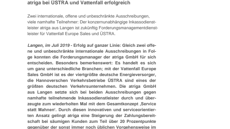 Forderungsmanager kann bei beiden internationalen  Ausschreibungen in Folge überzeugen: atriga bei ÜSTRA und Vattenfall erfolgreich