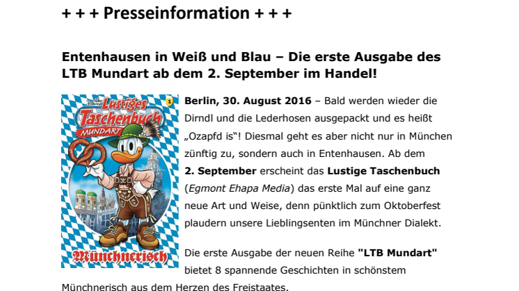 Entenhausen in Weiß und Blau – Die erste Ausgabe des LTB Mundart ab dem 2. September im Handel! 