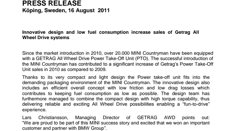 Innovative design and low fuel consumption increase sales of Getrag All Wheel Drive systems