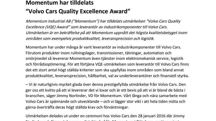 ​Momentum har tilldelats “Volvo Cars Quality Excellence Award”