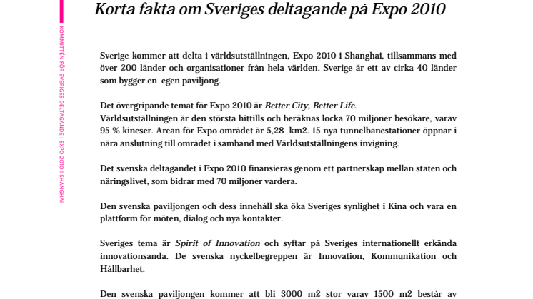 Faktablad: Sveriges deltagande på Expo 2010