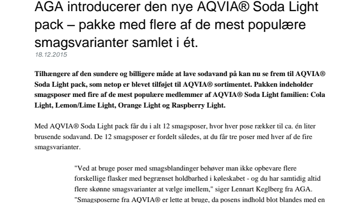 AGA introducerer den nye AQVIA Soda Light pack