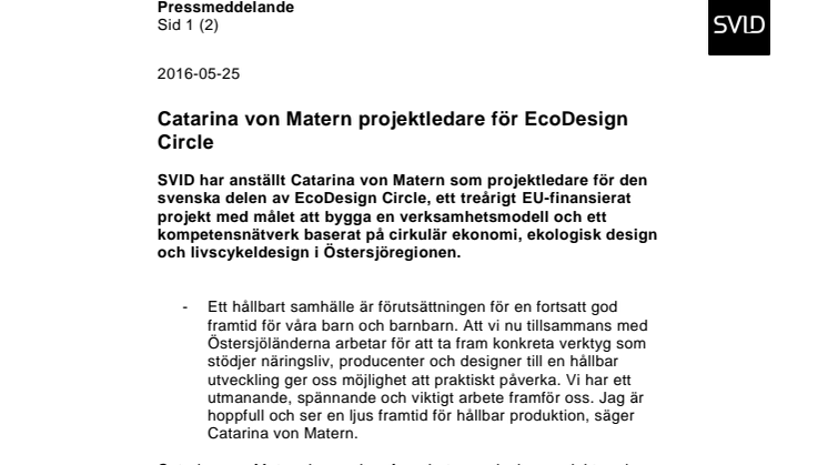 Catarina von Matern projektledare för EcoDesign Circle