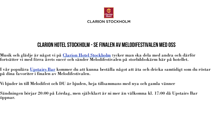 Clarion Hotel Stockholm - Se finalen av Melodifestivalen med oss