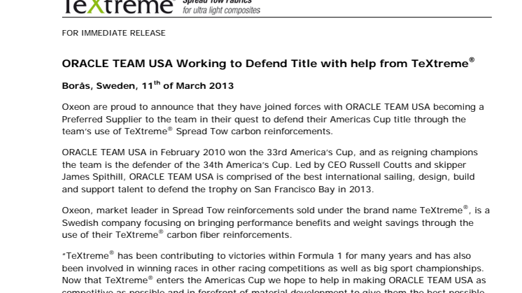 ORACLE TEAM USA Working to Defend Title with help from TeXtreme®