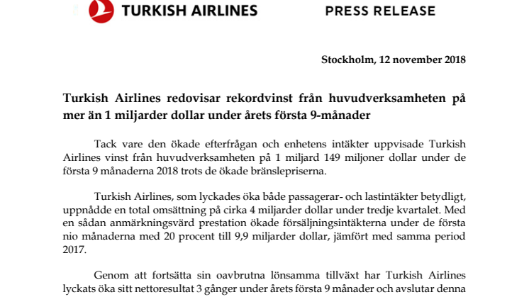 Turkish Airlines redovisar rekordvinst från huvudverksamheten på mer än 1 miljarder dollar under årets första 9-månader