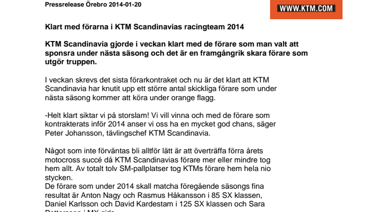 Klart med förarna i KTM Scandinavias racingteam 2014