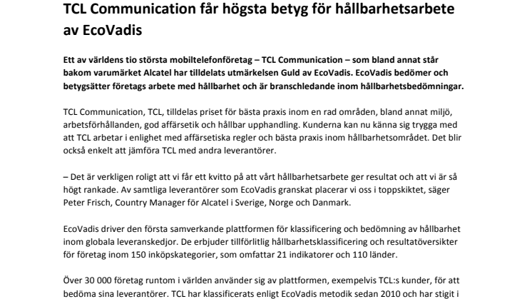 TCL Communication får högsta betyg för hållbarhetsarbete av EcoVadis 