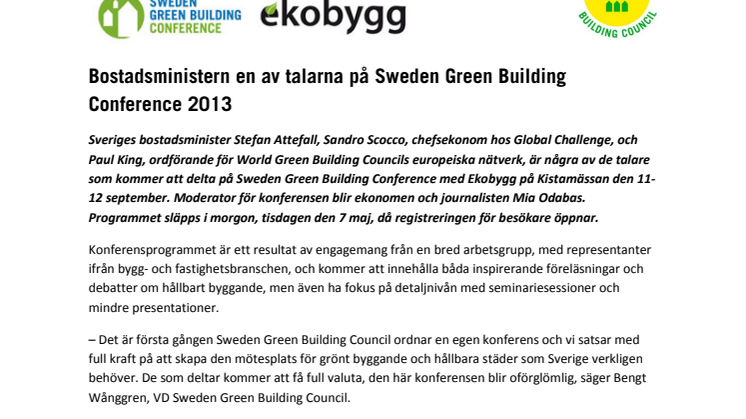 Bostadsministern en av talarna på Sweden Green Building Conference 2013